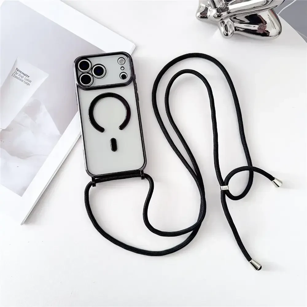 Marka Niezdefiniowana - Dėklas, suderinamas su MagSafe, skirtas iPhone 18 Pro Max / 17 Pro Max – elektrolitinis TPU telefono dangtelis su ilgu pakabu – Juodas