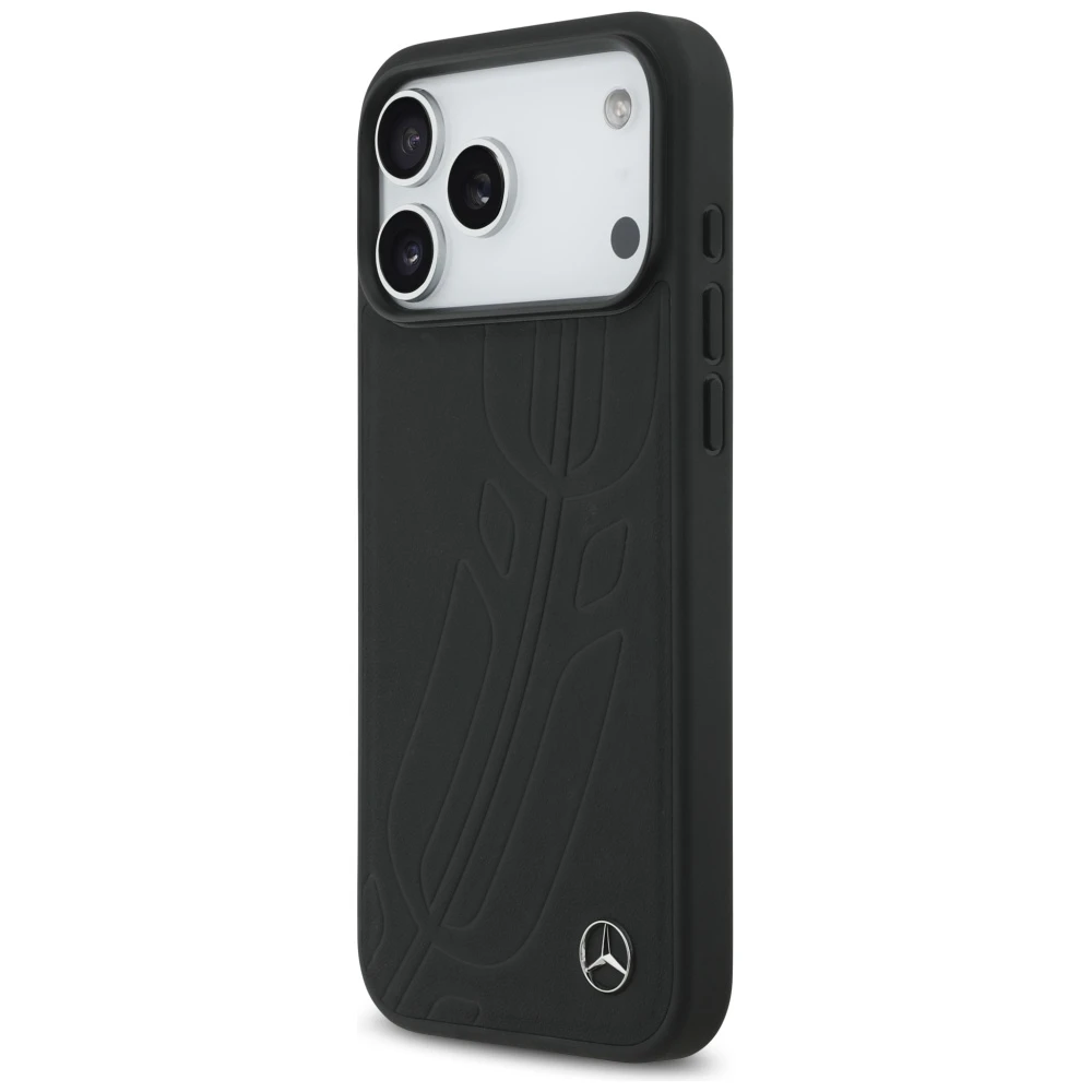 Original dėklas MERCEDES Leather Large Laurel Leave MagSafe skirtas Apple iPhone 17 Pro Max juodos spalvos