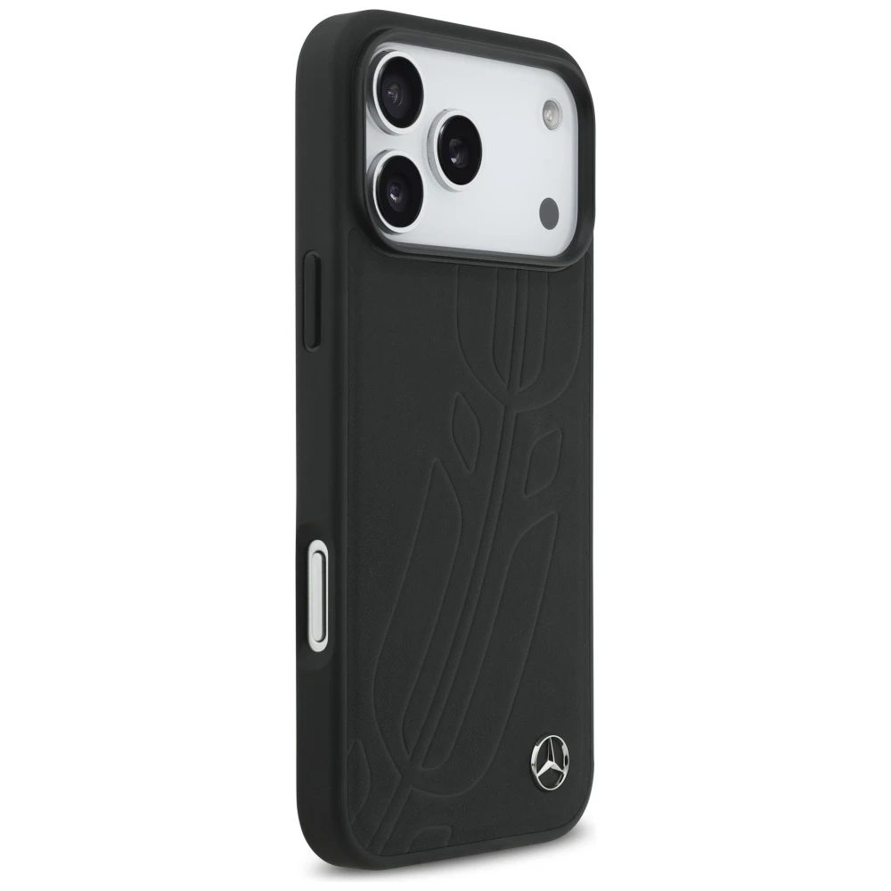Original dėklas MERCEDES Leather Large Laurel Leave MagSafe skirtas Apple iPhone 17 Pro Max juodos spalvos