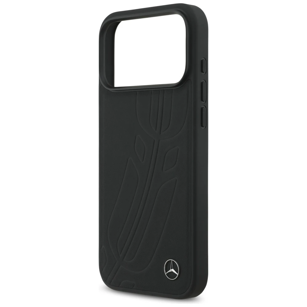 Original dėklas MERCEDES Leather Large Laurel Leave MagSafe skirtas Apple iPhone 17 Pro Max juodos spalvos