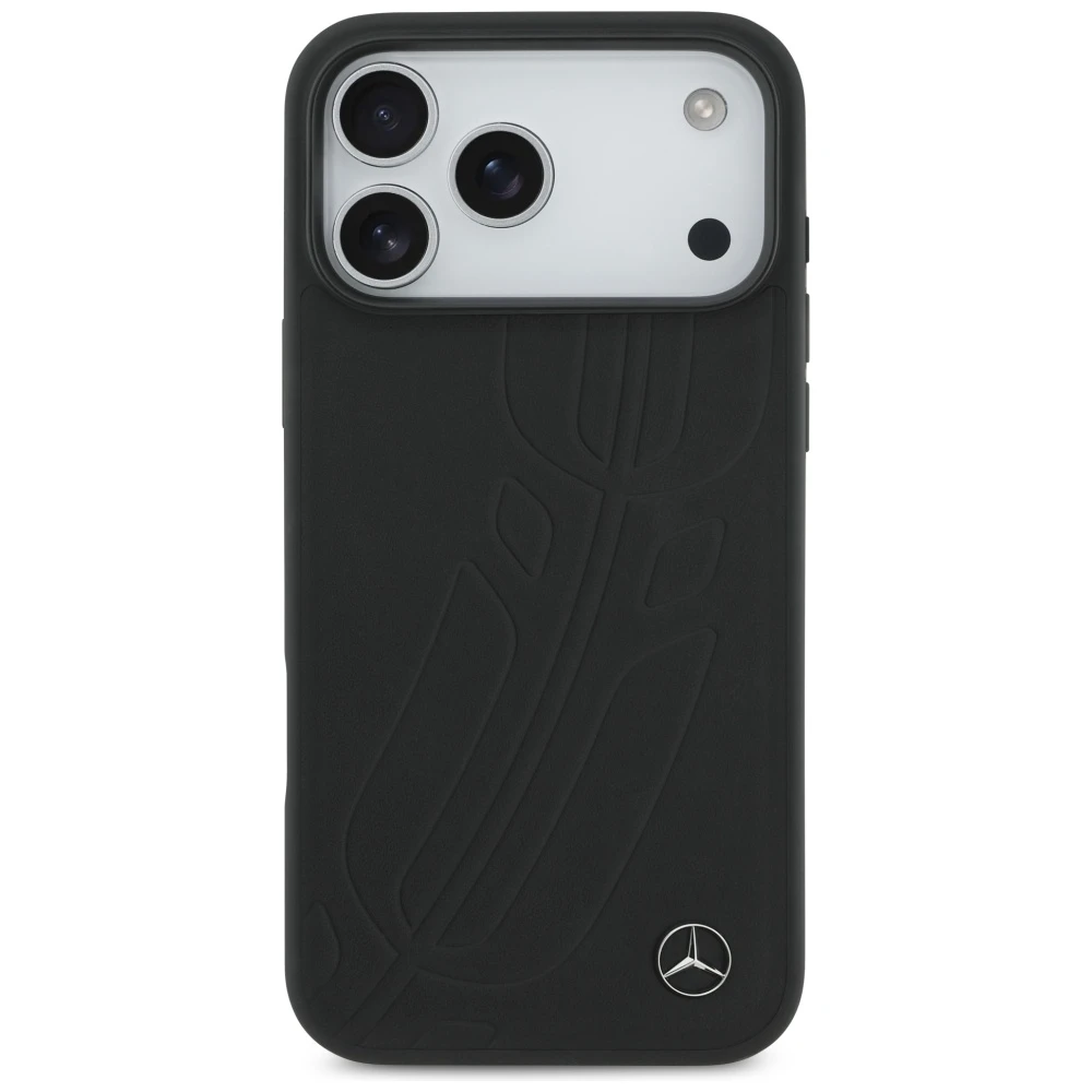 Original dėklas MERCEDES Leather Large Laurel Leave MagSafe skirtas Apple iPhone 17 Pro Max juodos spalvos