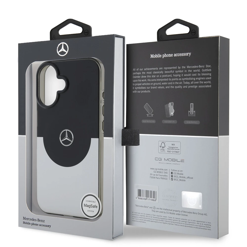 Mercedes PC/TPU Double Layer MagSafe Apple iPhone 16 dėklas telefonui juodos ir sidabrinės spalvos