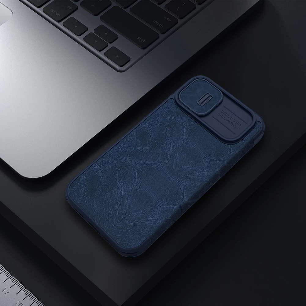 Dėklas Nillkin Qin Pro Leather Apple iPhone 14 Plus mėlynas