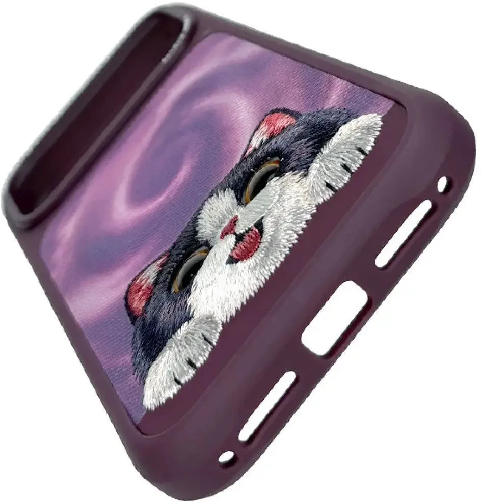 NIMMY dėklas BIG EYED LYING CREAM CAT, suderinamas su MagSafe, skirta IPHONE 18 Pro/17 Pro, purpurinė