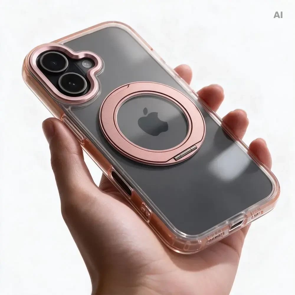 Oem dėklas iPhone 15 su rėmeliu, apskritu stovu, suderinamas su MagSafe, auksinis