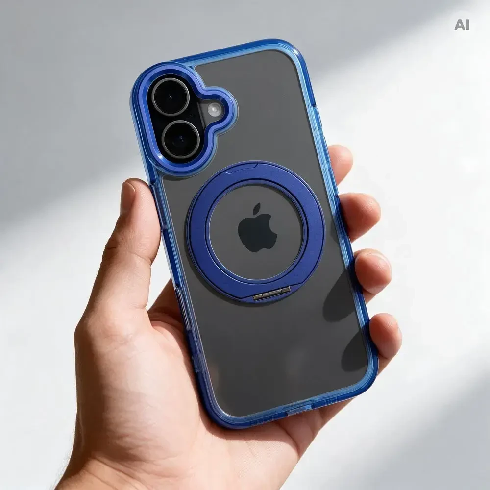 Oem dėklas iPhone 15 su apskritu rėmeliu ir stovu, suderinamas su MagSafe, tamsiai mėlynas