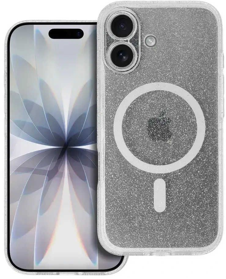Oem Originalus „iPhone 17“ skaidrus „Mag“ dėklas – blizgučiai (STR / APSAUGA NUO FOTOAPAROS), suderinamas su „MagSafe“ skaidriais blizgučiais.