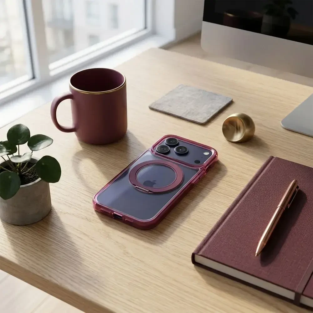 Dėklas Oem Case for iPhone 18 Pro Max / 17 Pro Max Frame Circle Stand compatible with MagSafe dark cherry