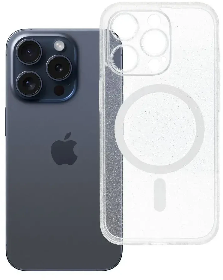Oem Originalus „iPhone 15 PRO“ skaidrus „Mag“ dėklas – blizgučiai (STR / APSAUGA NUO FOTOAPAROS), suderinamas su „MagSafe“ permatomais blizgučiais