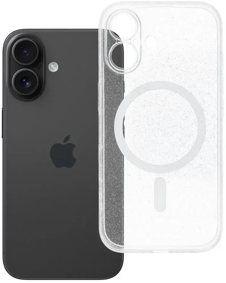 Oem Originalus „iPhone 16“ skaidrus „Mag“ dėklas – blizgučiai (STR / APSAUGA NUO FOTOAPAROS), suderinamas su „MagSafe“ skaidriais blizgučiais.