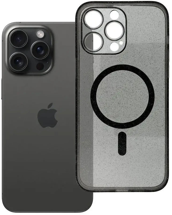 Oem Originalus „iPhone 14 PRO MAX“ skaidrus „Mag“ dėklas – blizgučiai (STR / APSAUGA NUO FOTOAPAROS), suderinamas su „MagSafe“ su juodu blizgučiu.