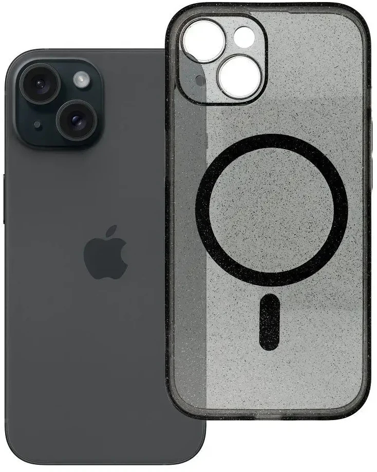 MyScreen Originalus „iPhone 15“ skaidrus „Mag“ dėklas – blizgučiai (STR / APSAUGA NUO FOTOAPAROS), suderinamas su „MagSafe“ su juodu blizgučiais.