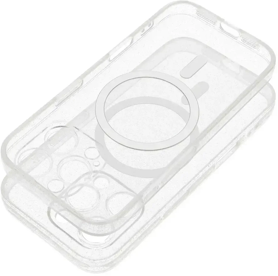 Oem Originalus „iPhone 16 PRO MAX“ skaidrus „Mag“ dėklas – blizgučiai (STR / APSAUGA NUO FOTOAPAROS), suderinamas su „MagSafe“ permatomais blizgučiais