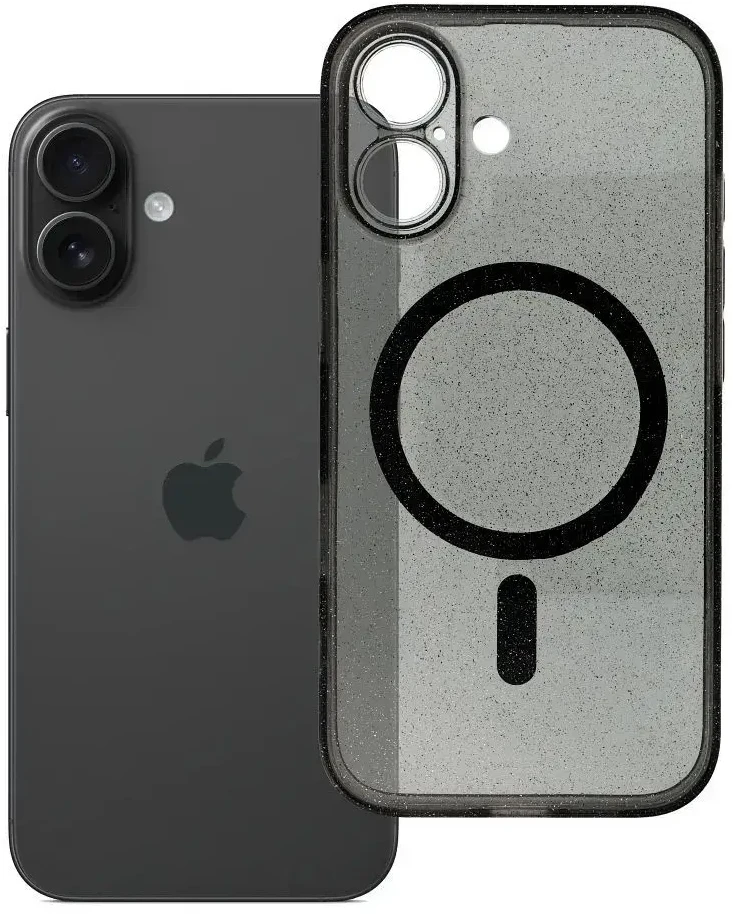 Oem Originalus „iPhone 16“ skaidrus „Mag“ dėklas – blizgučiai (STR / APSAUGA NUO FOTOAPAROS), suderinamas su „MagSafe“ su juodu blizgučiais.