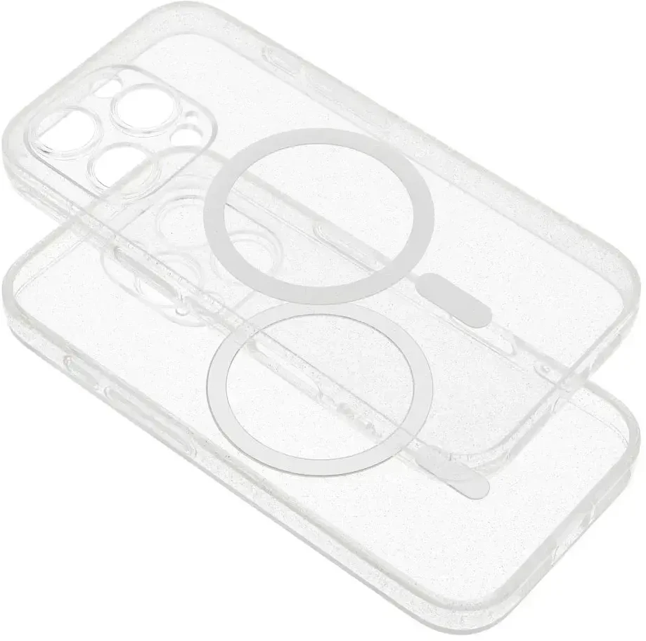 Oem Originalus „iPhone 16 PRO MAX“ skaidrus „Mag“ dėklas – blizgučiai (STR / APSAUGA NUO FOTOAPAROS), suderinamas su „MagSafe“ permatomais blizgučiais