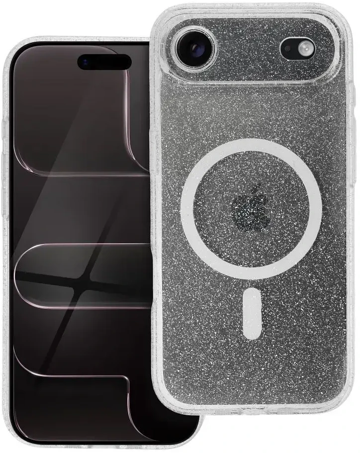 Oem Originalus „iPhone 17 AIR“ skaidrus „Mag“ dėklas – blizgučiais (STR / APSAUGA NUO FOTOAPAROS), suderinamas su „MagSafe“ skaidriais blizgučiais.