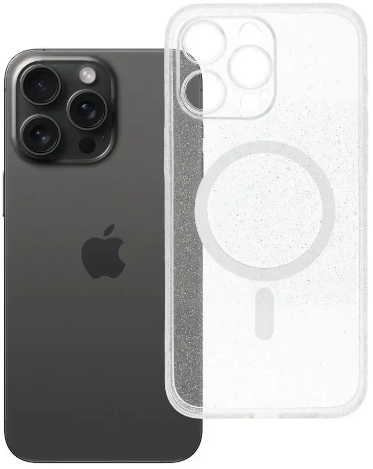 Oem Originalus „iPhone 15 PRO MAX“ skaidrus „Mag“ dėklas – blizgučiai (STR / APSAUGA NUO FOTOAPAROS), suderinamas su „MagSafe“ skaidriais blizgučiais.
