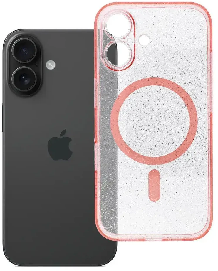 Oem Originalus „iPhone 16“ skaidrus „Mag“ dėklas – blizgučiai (STR / APSAUGA NUO FOTOAPAROS), suderinamas su „MagSafe“ rausvais blizgučiais