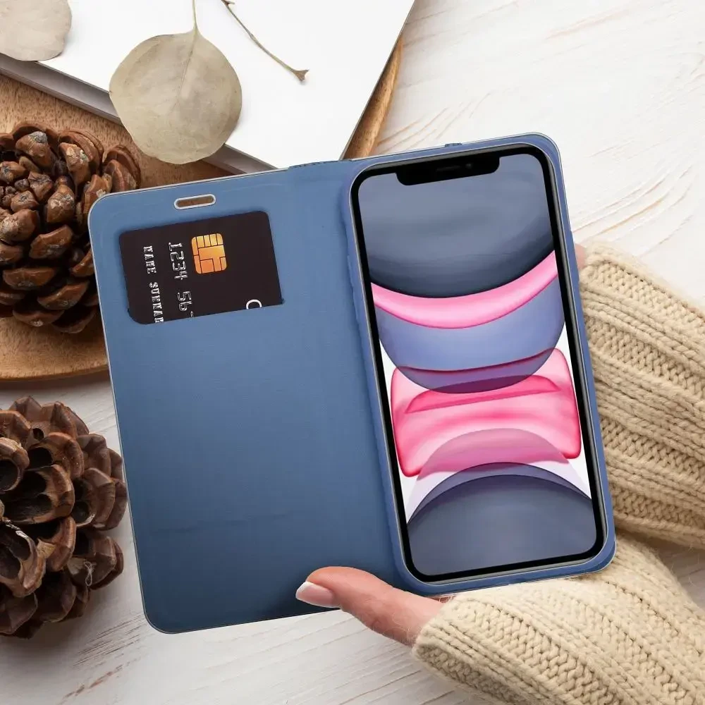 OEM atverčiamas dėklas iPhone 15 Luna Book Carbon mėlynas