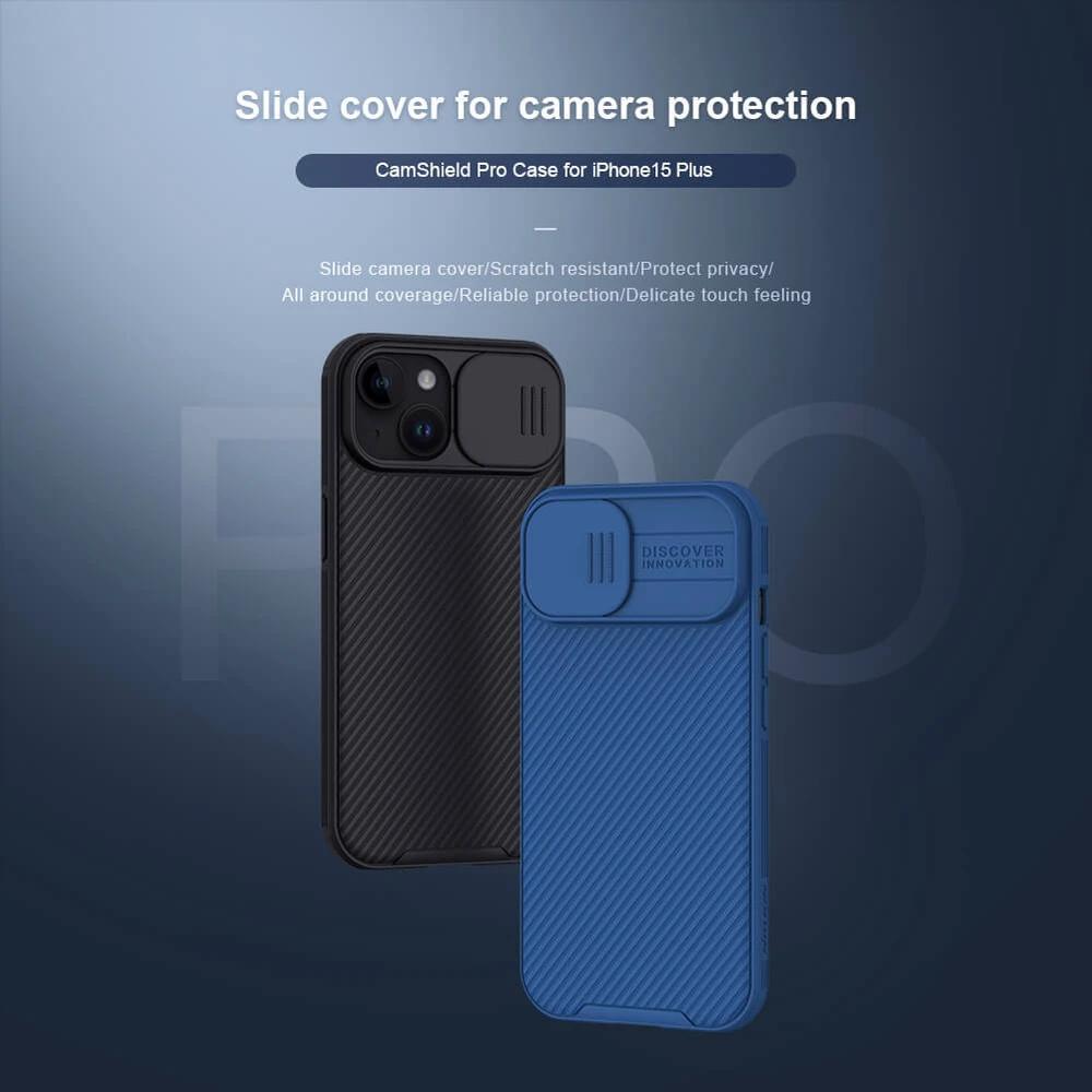 Dėklas Nillkin CamShield Pro Apple iPhone 15 Plus mėlynas