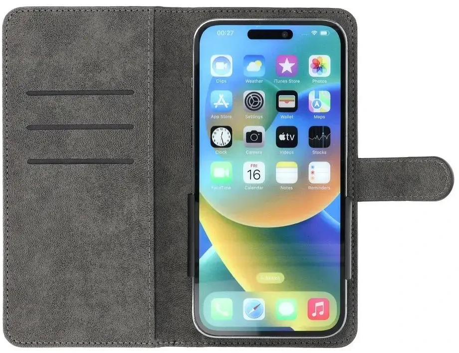 Oem Universal book dėklas COMMON dydis S skirtas Apple iPhone 12 / 13 / Samsung Galaxy S6 / A5 2016 / XCOVER 4 / S22 / HUAWEI P8 2017 juodos spalvos