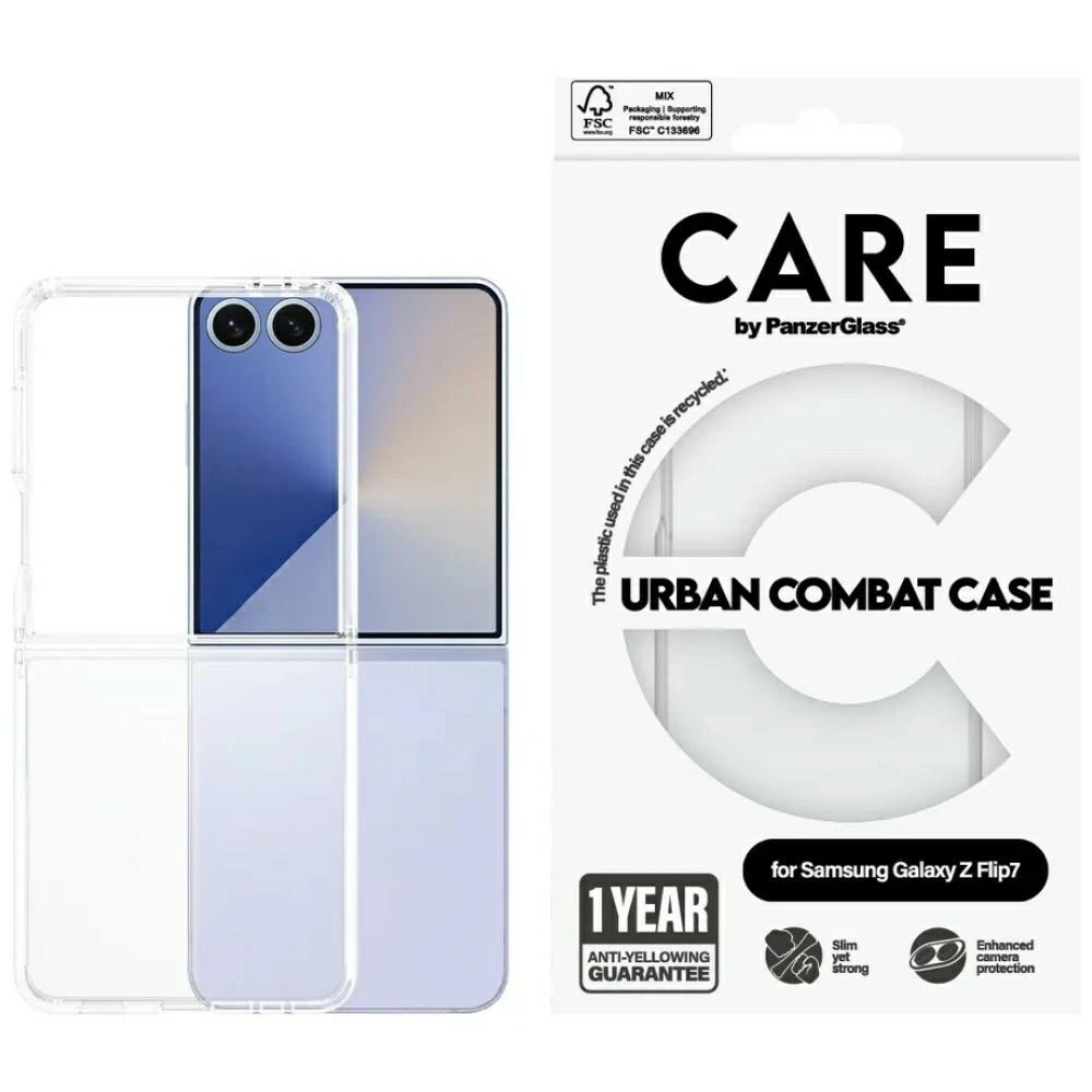 „Panzer Glass CARE by PanzerGlass“ kietas, geltonos spalvos dėklas, skirtas „Galaxy Flip7“, permatomas