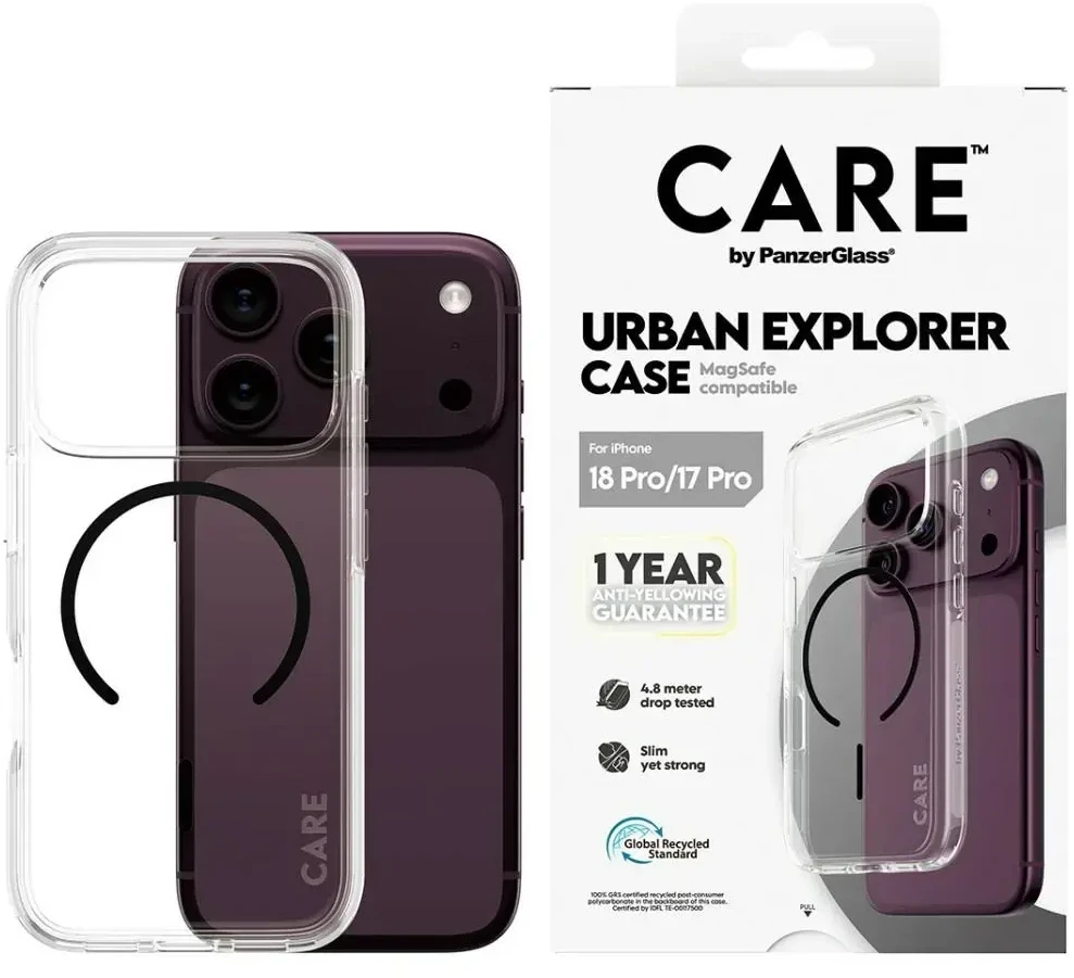 Dėklas Panzer Glass Case CARE by PanzerGlass Urban Explorer Juodas MagSafe for iPhone 18 Pro / iPhone 17 Pro transparent