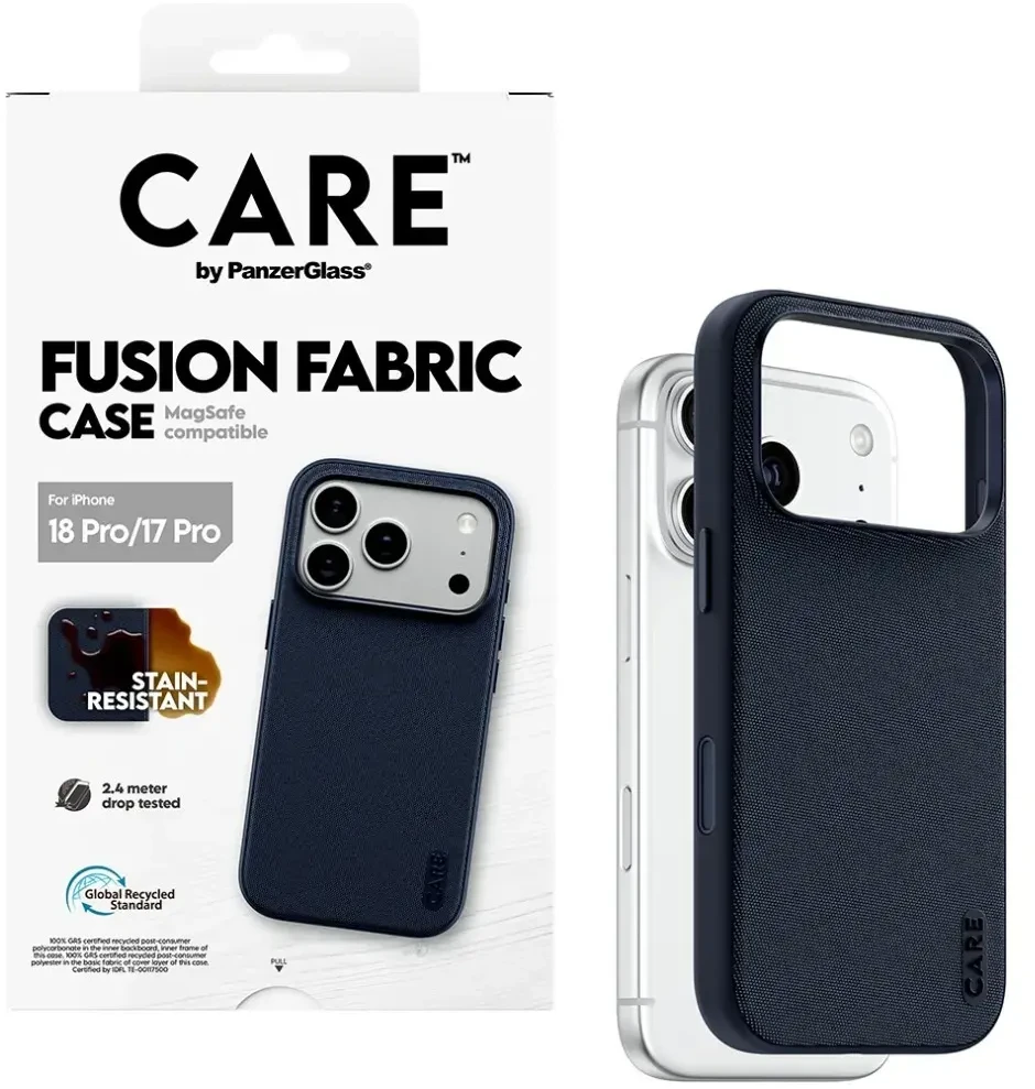 Dėklas Panzer Glass Case CARE by PanzerGlass Fusion Fabric MagSafe, skirta iPhone 18 Pro / 17 Pro, mėlyna