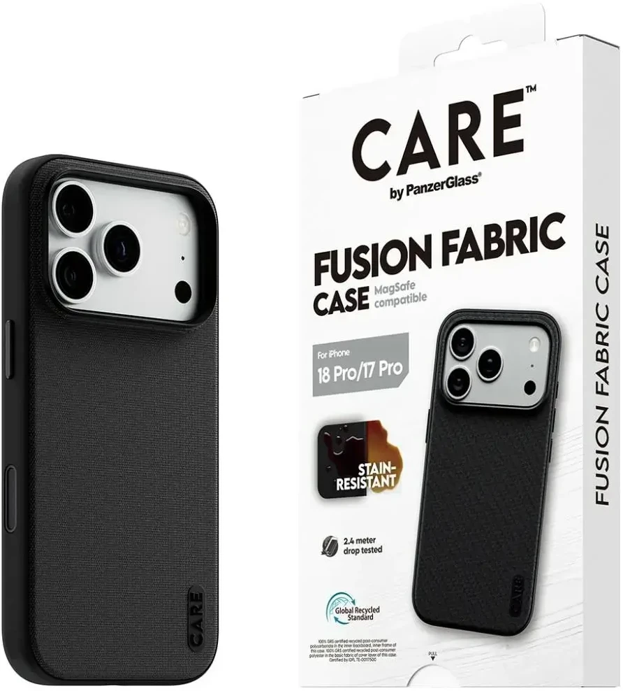Dėklas Panzer Glass Case CARE by PanzerGlass Fusion Fabric MagSafe for iPhone 18 Pro / 17 Pro juodas