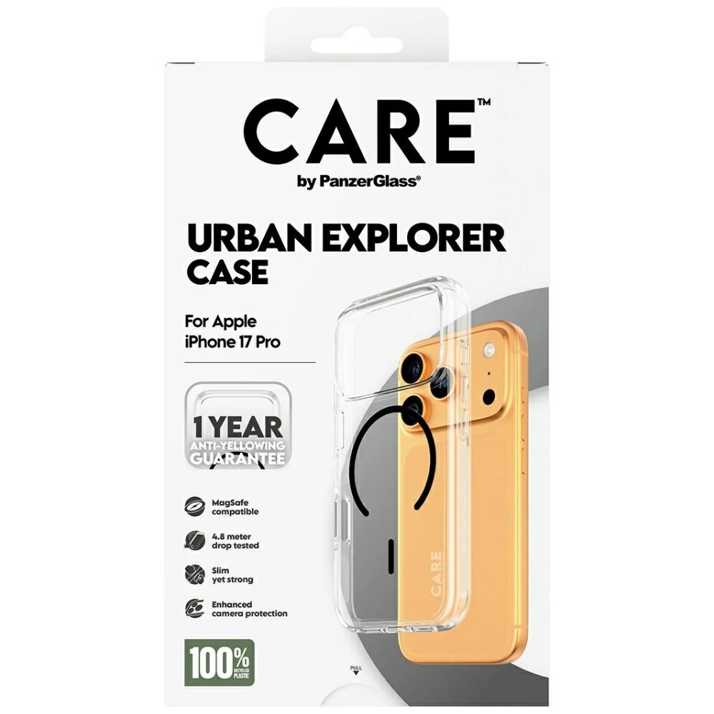 „Panzer Glass CARE by PanzerGlass“ flagmano „Urban Explorer“ dėklas su „Juodu MagSafe“, skirtas „iPhone 17 Pro“ – permatomas