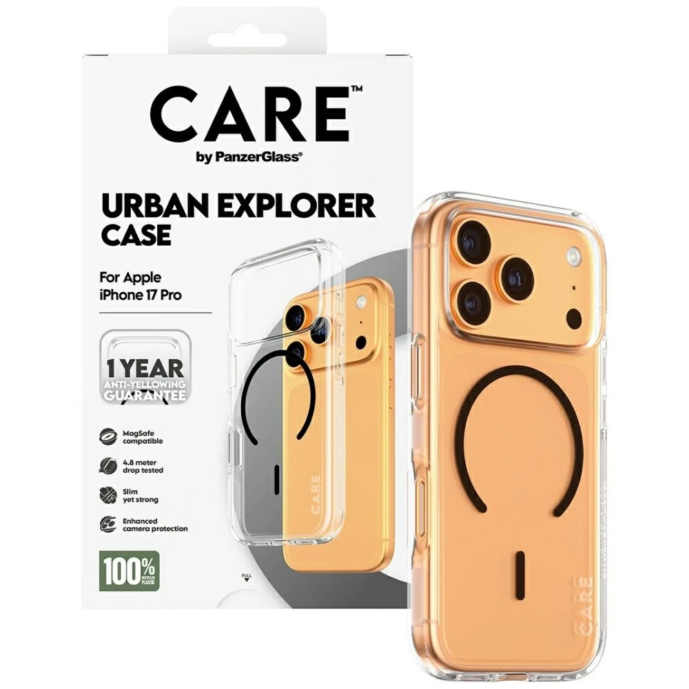 „Panzer Glass CARE by PanzerGlass“ flagmano „Urban Explorer“ dėklas su „Juodu MagSafe“, skirtas „iPhone 17 Pro“ – permatomas