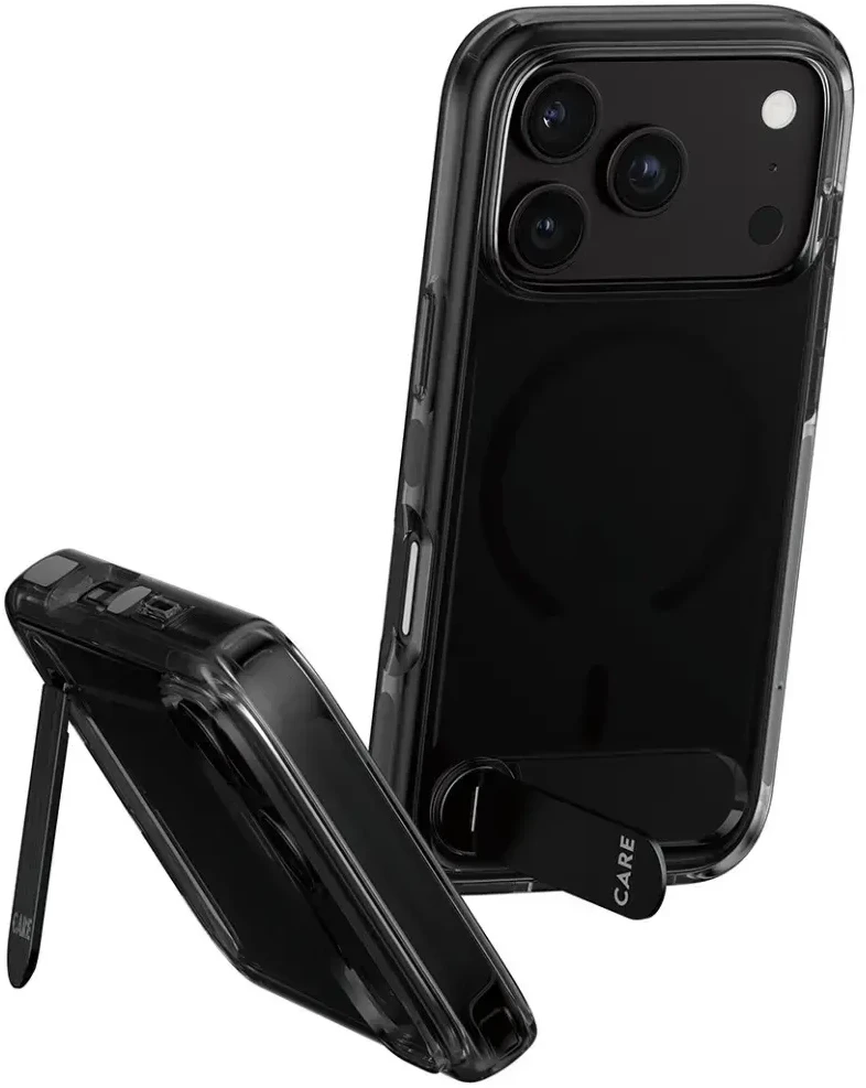 Panzer Glass dėklas CARE by PanzerGlass su atlenkiamu stovu, juodas MagSafe, skirtas iPhone 18 Pro / 17 Pro, dūminės spalvos