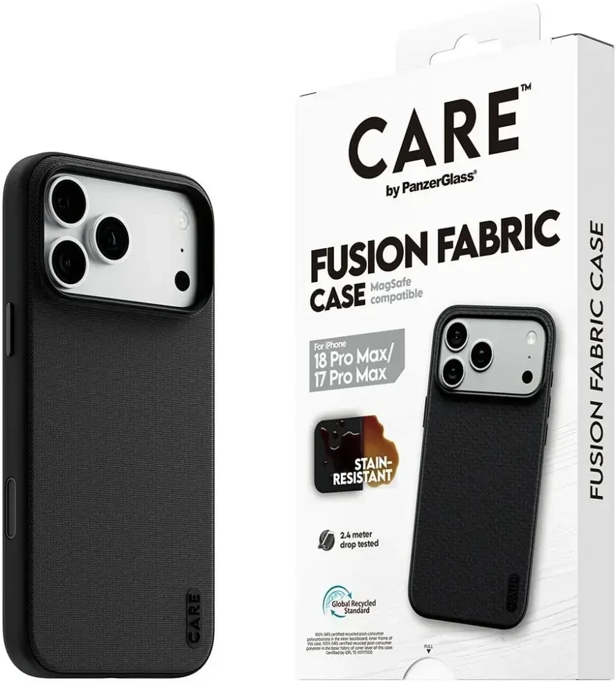 Dėklas Panzer Glass Case CARE by PanzerGlass Fusion Fabric MagSafe for iPhone 18 Pro Max / 17 Pro Max juodas