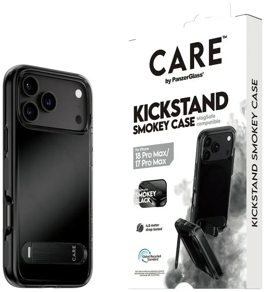 Dėklas Panzer Glass „Case CARE by PanzerGlass“ su „Kickstand“ dėklu, Juodas MagSafe, skirtas iPhone 18 Pro Max / 17 Pro Max, dūminės spalvos