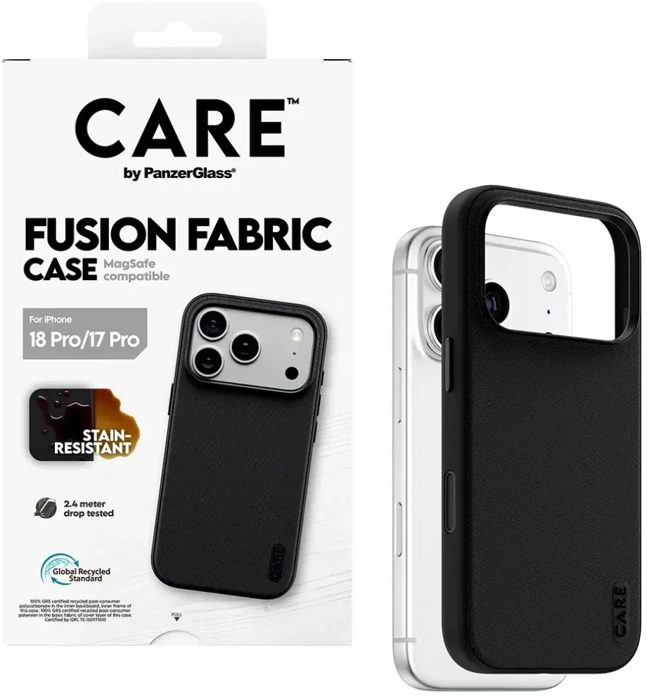 Dėklas Panzer Glass Case CARE by PanzerGlass Fusion Fabric MagSafe for iPhone 18 Pro / 17 Pro juodas