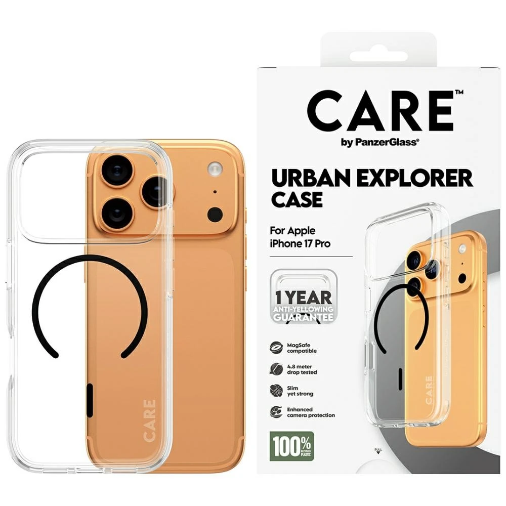 „Panzer Glass CARE by PanzerGlass“ flagmano „Urban Explorer“ dėklas su „Juodu MagSafe“, skirtas „iPhone 17 Pro“ – permatomas