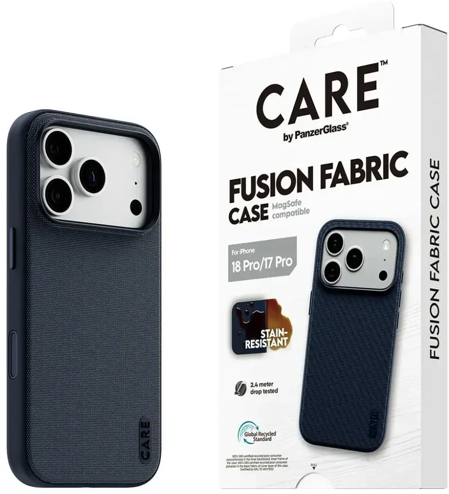 Dėklas Panzer Glass Case CARE by PanzerGlass Fusion Fabric MagSafe, skirta iPhone 18 Pro / 17 Pro, mėlyna