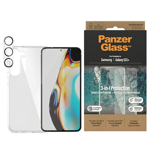 Panzer Glass PanzerGlass 3 viename apsaugos rinkinys, skirtas Samsung Galaxy S23+, PicturePerfect fotoaparato apsauga, kietas dėklas ir ekrano apsauga