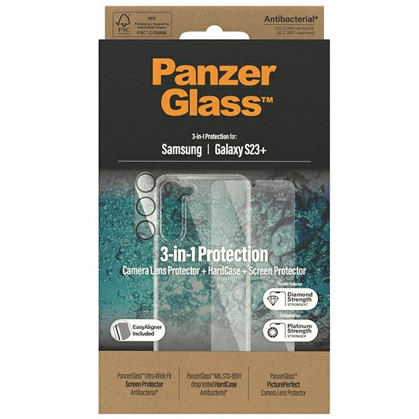 Panzer Glass PanzerGlass 3 viename apsaugos rinkinys, skirtas Samsung Galaxy S23+, PicturePerfect fotoaparato apsauga, kietas dėklas ir ekrano apsauga