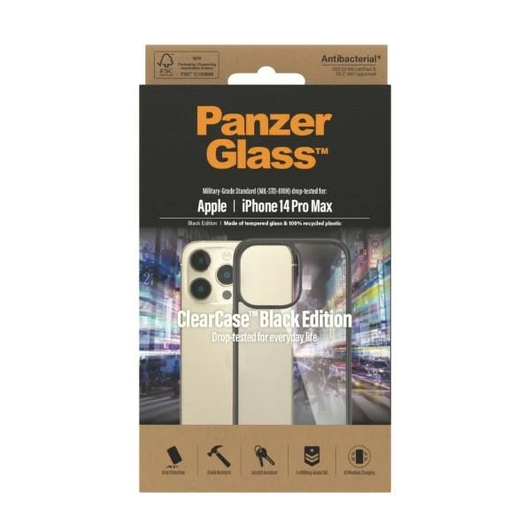 Panzer Glass PanzerGlass | ClearCase su Juodas rėmeliu | Byla | Apple | iPhone 14 Pro Max | Juodas | Karinio laipsnio standartas; Atsparus įbrėžimams; Atsparus smūgiams; Antibakterinis; 100% perdirbta rėmo medžiaga