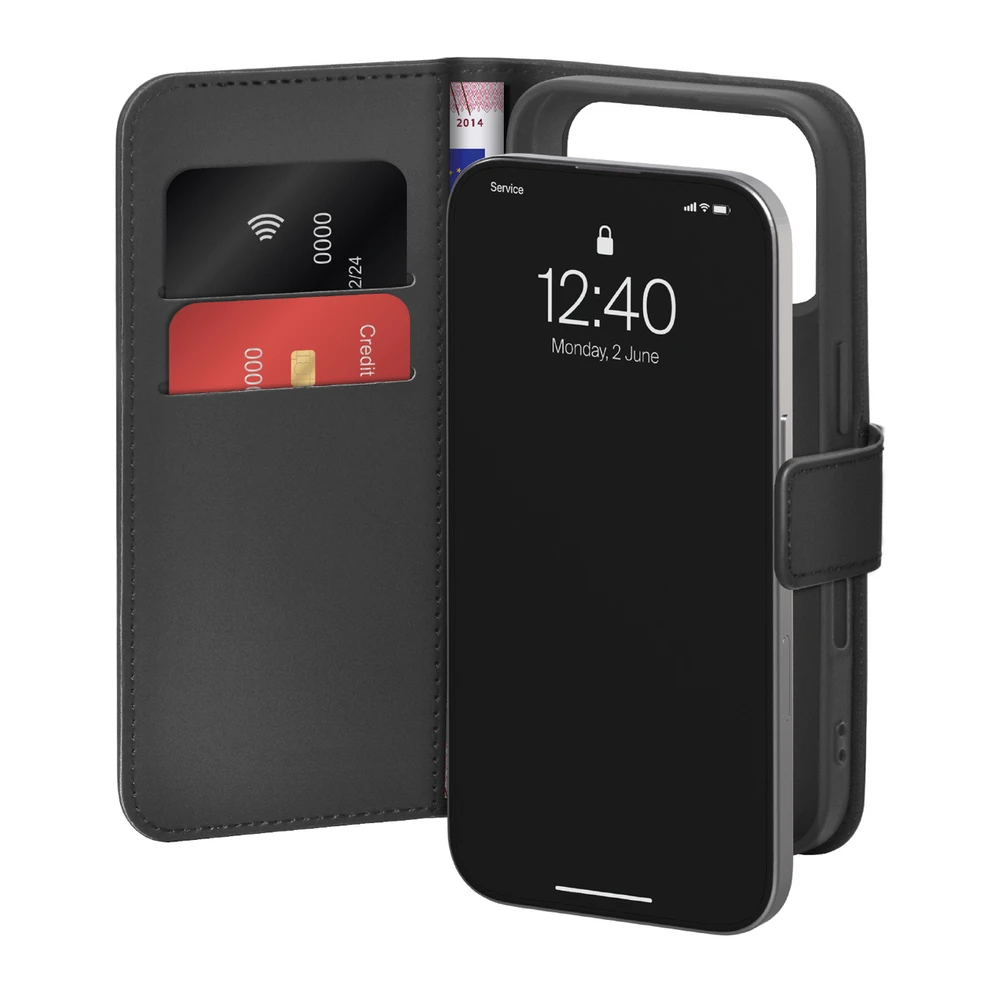 Puro Wallet Stand dėklas skirtas Apple iPhone 17 Pro Max Made of Eco-Leather, with a Flap, Wallet, and Stand Function - juodos spalvos