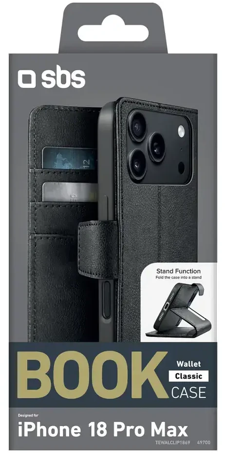 Dėklas SBS Wallet Classic Case for iPhone 18 Pro Max with Wallet and Stand - Juodas