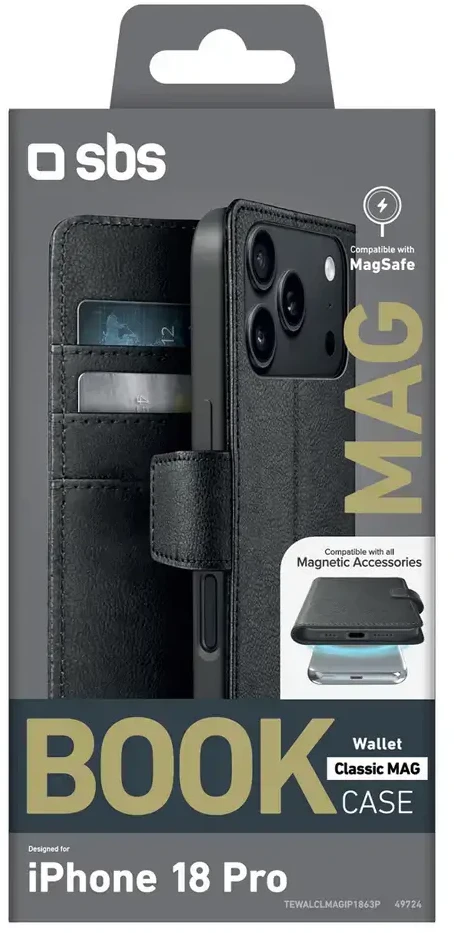 Dėklas SBS Wallet Classic Mag Case for iPhone 18 Pro with Wallet and Stand, MagSafe Compatible - Juodas