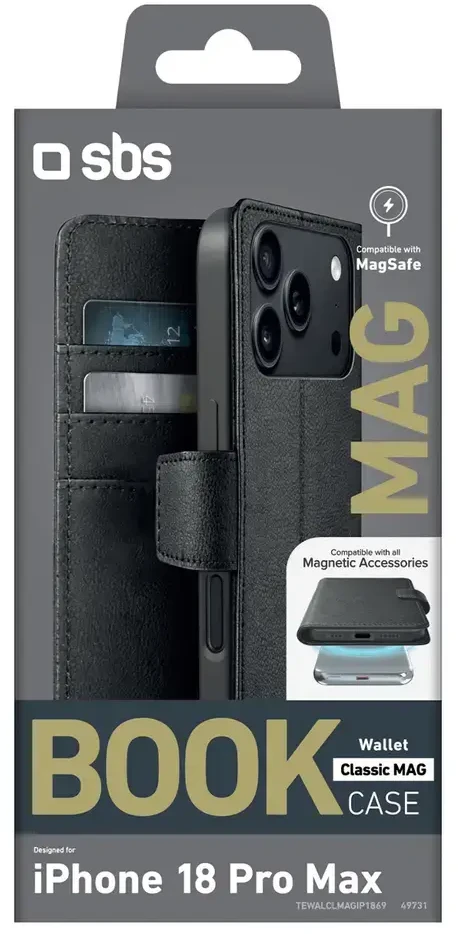 Dėklas SBS Wallet Classic Mag Case for iPhone 18 Pro Max with Wallet and Stand, MagSafe Compatible - Juodas