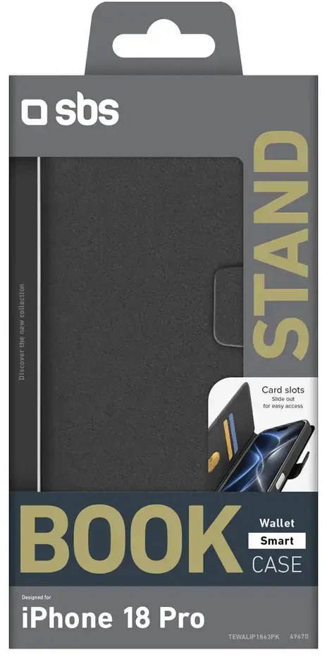Dėklas SBS Wallet Smart Case for iPhone 18 Pro with Wallet and Stand - Juodas