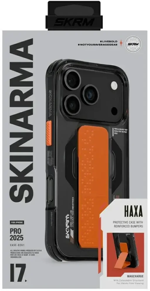 Skinarma Haxa dėklas, skirtas iPhone 17 Pro, su magnetiniu įkrovimu ir laikikliu-stovu, grafito spalvos