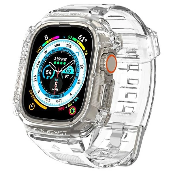 „Spigen Rugged Armor Pro“ dėklas – apyrankė su dėklu, skirta „Apple Watch Ultra“ 49 mm (skaidrus)
