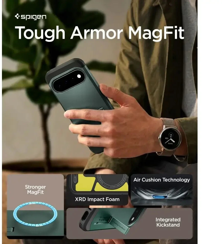 Dėklas SPIGEN TOUGH ARMOR MAG MAGSAFE GOOGLE PIXEL 11 ABYSS Žalias