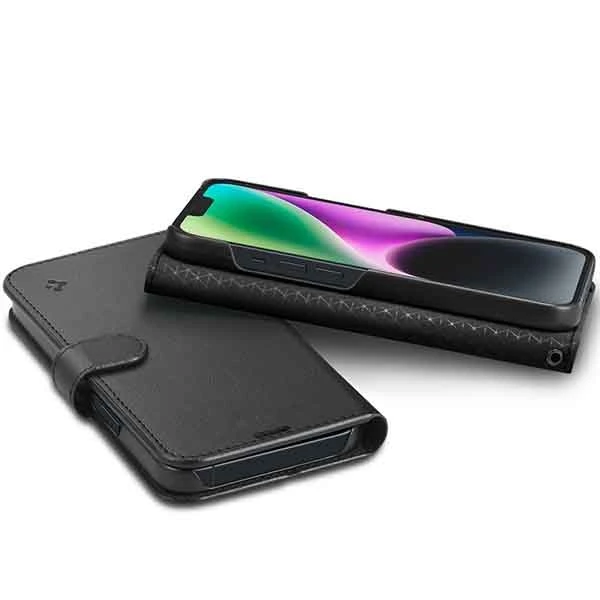 Dėklas Spigen Wallet S, juodos spalvos – iPhone 14