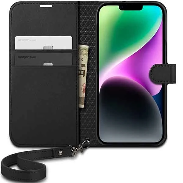 Dėklas Spigen Wallet S, juodos spalvos – iPhone 14